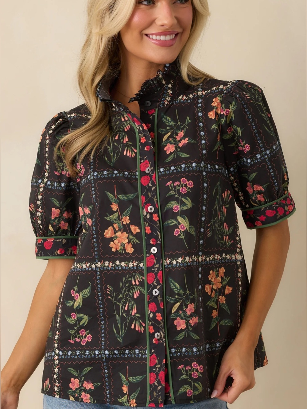 Entro Black Floral Ruffle Neck Button Front